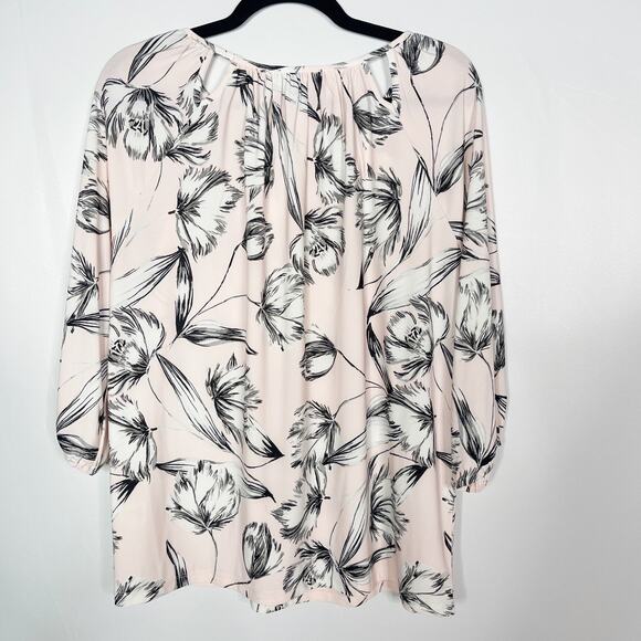 Roz & Ali Medium M Blush Pink Gray Floral Keyhole Cut Out Blouse 3/4 Sleeve - Picture 2 of 9
